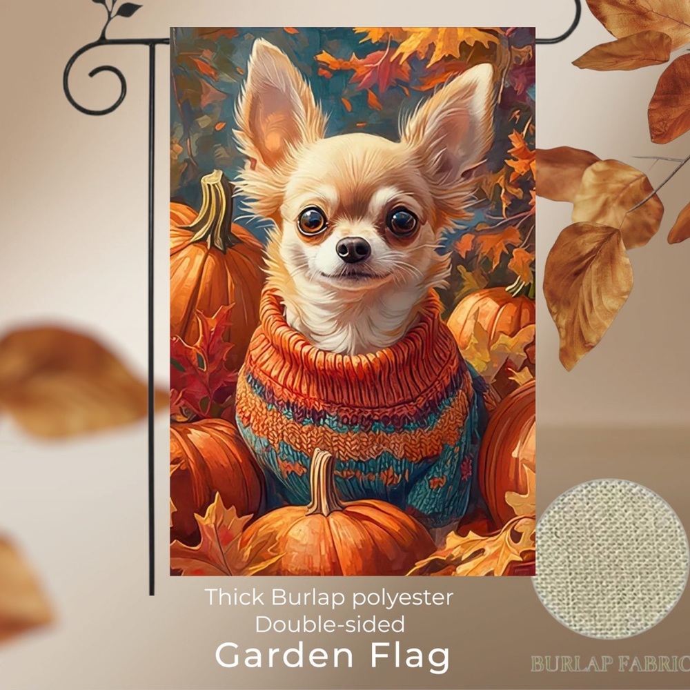 Garden Flag, 12”x18”, Autumn Chihuahua Dog, Thick Burlap Double-sided